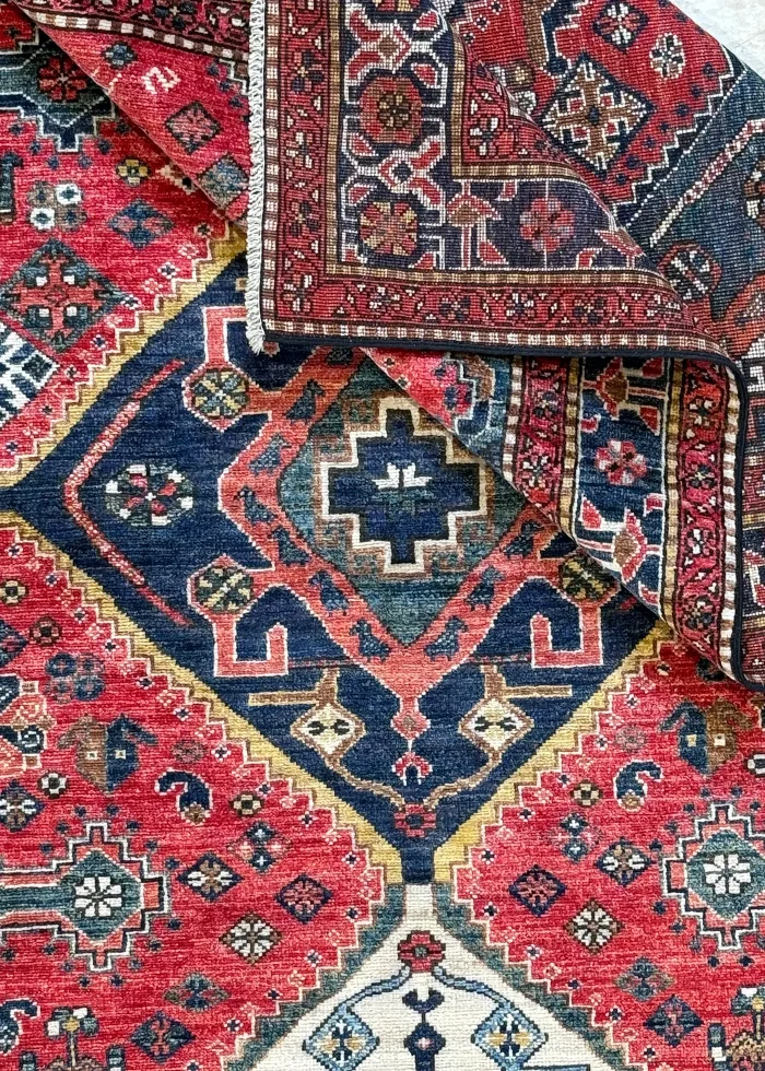 Red and Navy Blue Wool Persian Rug Qashqai Pattern 8 x 10 - Image 6