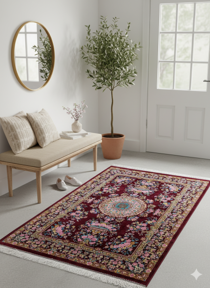 Red and Pink Persian Rug Rose Pattern 3 x 4