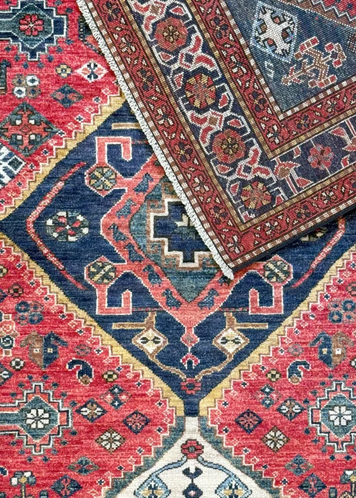 Red and Blue Wool Persian Rug Qashqai Pattern 5 x 8 - Image 6