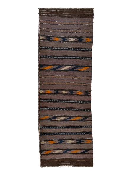 Brown and Taupe Persian Kilim Shahsavan Pattern 3 x 8