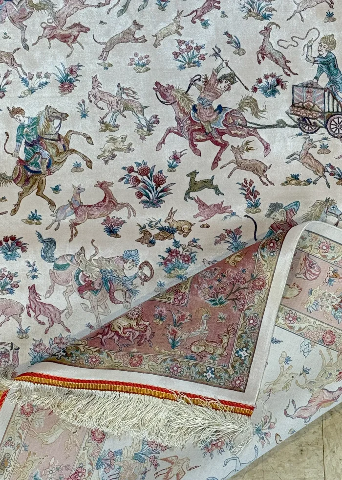 Beige and White Persian Rug Hunting Pattern 4 x 6 - Image 3