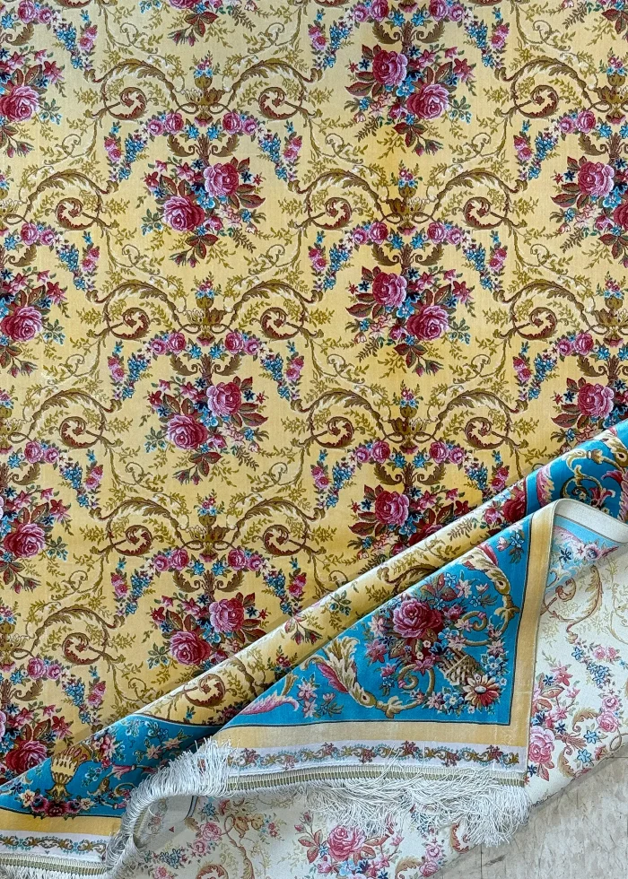 Yellow and Blue Persian Rug Rose Pattern 5 x 8 - Image 5