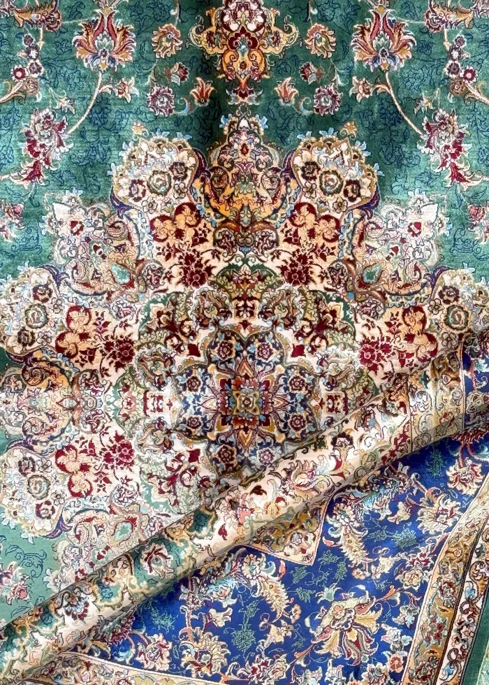 Green and Navy Blue Persian Rug Shah Abbasi Pattern 5 x 8 - Image 9