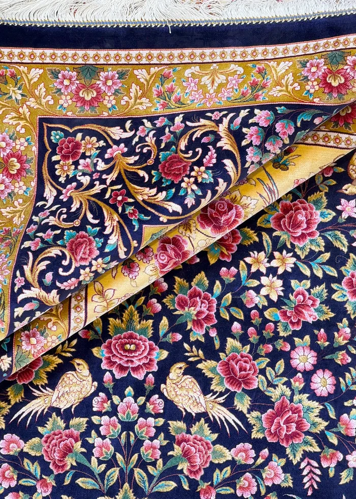 Blue and Pink Persian Rug Bird Garden Pattern 7 x 9 - Image 4