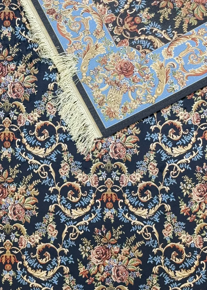 Navy Blue and Blue Persian Rug Rose Pattern 8 x 10 - Image 7