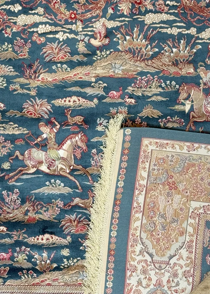 Blue and Beige Persian Rug Hunting Pattern 5 x 5 - Image 4