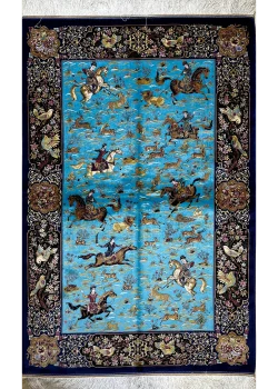 Blue and Navy Blue Persian Rug Hunting Pattern 4 x 6