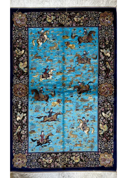 Blue and Navy Blue Persian Rug Hunting Pattern 4 x 6