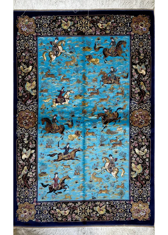 Blue and Navy Blue Persian Rug Hunting Pattern 4 x 6