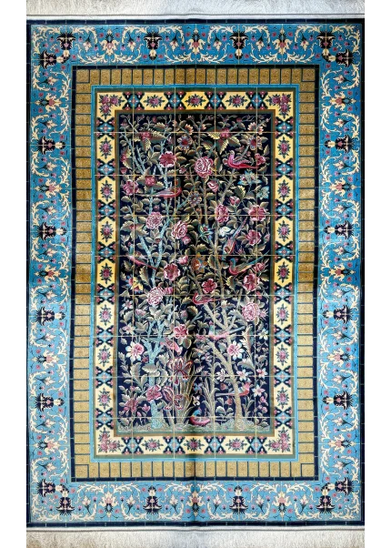Black and Blue Persian Rug Bird Garden Pattern 5 x 8