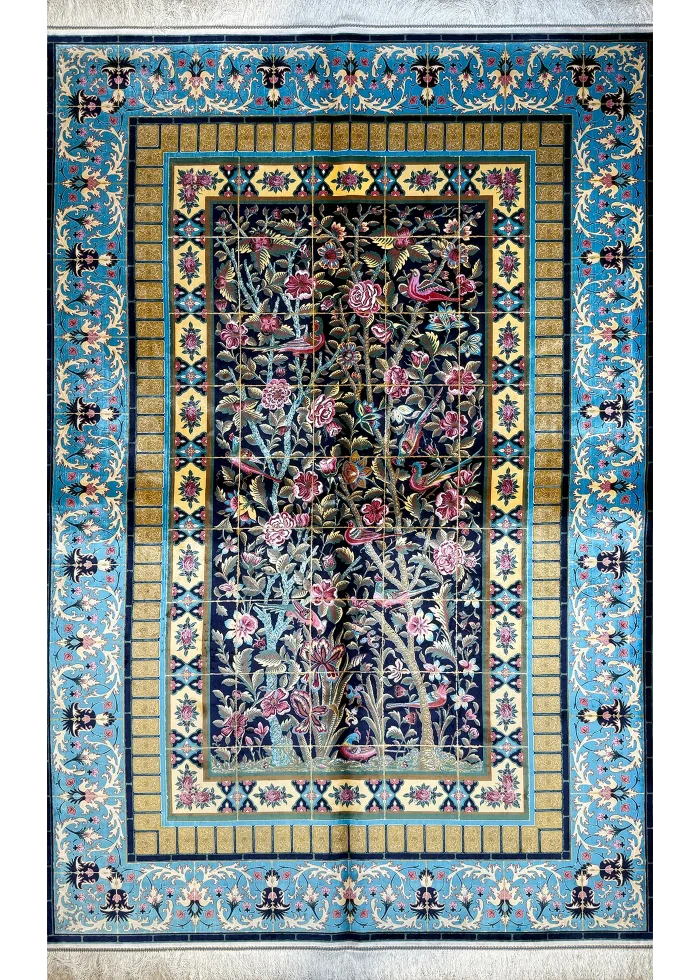 Black and Blue Persian Rug Bird Garden Pattern 5 x 8