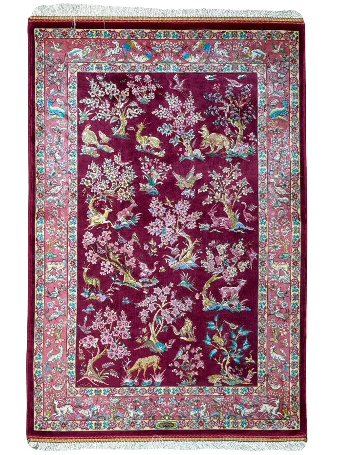 Red and Pink Persian Rug Hunting Pattern 3 x 4