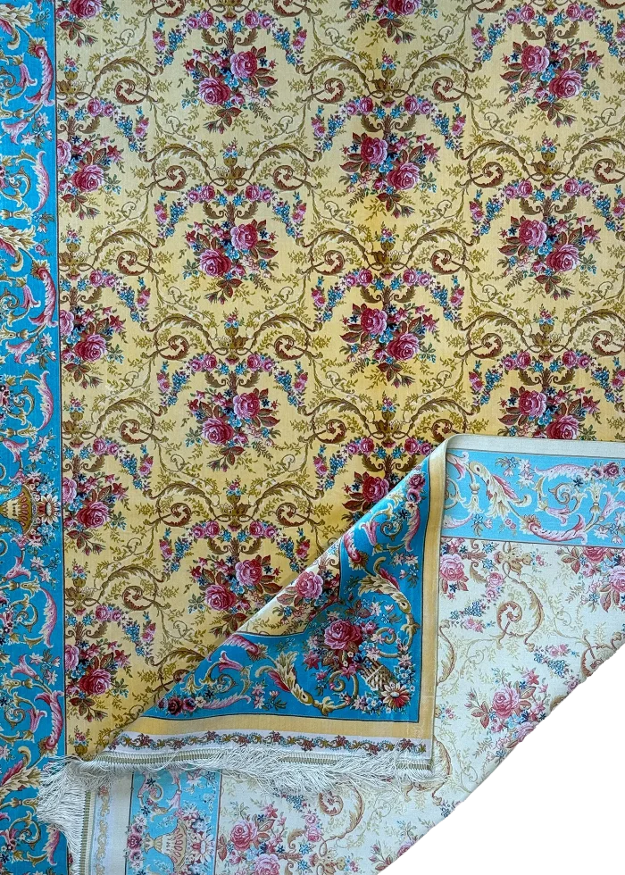 Yellow and Blue Persian Rug Rose Pattern 5 x 8 - Image 3