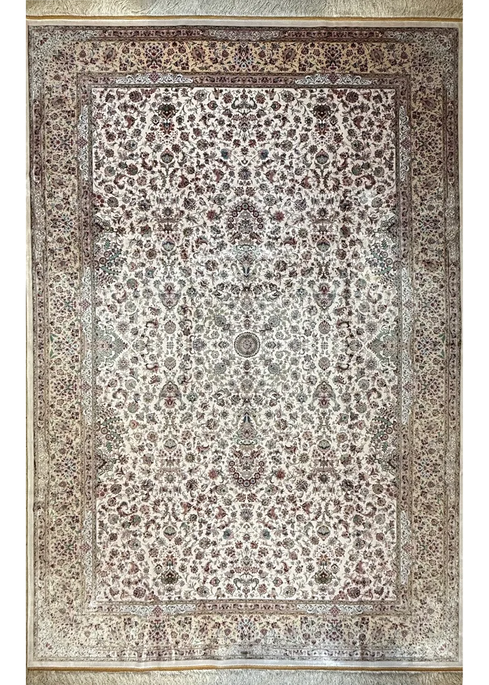 Beige and Green Persian Rug Shah Abbasi Pattern 7 x 9