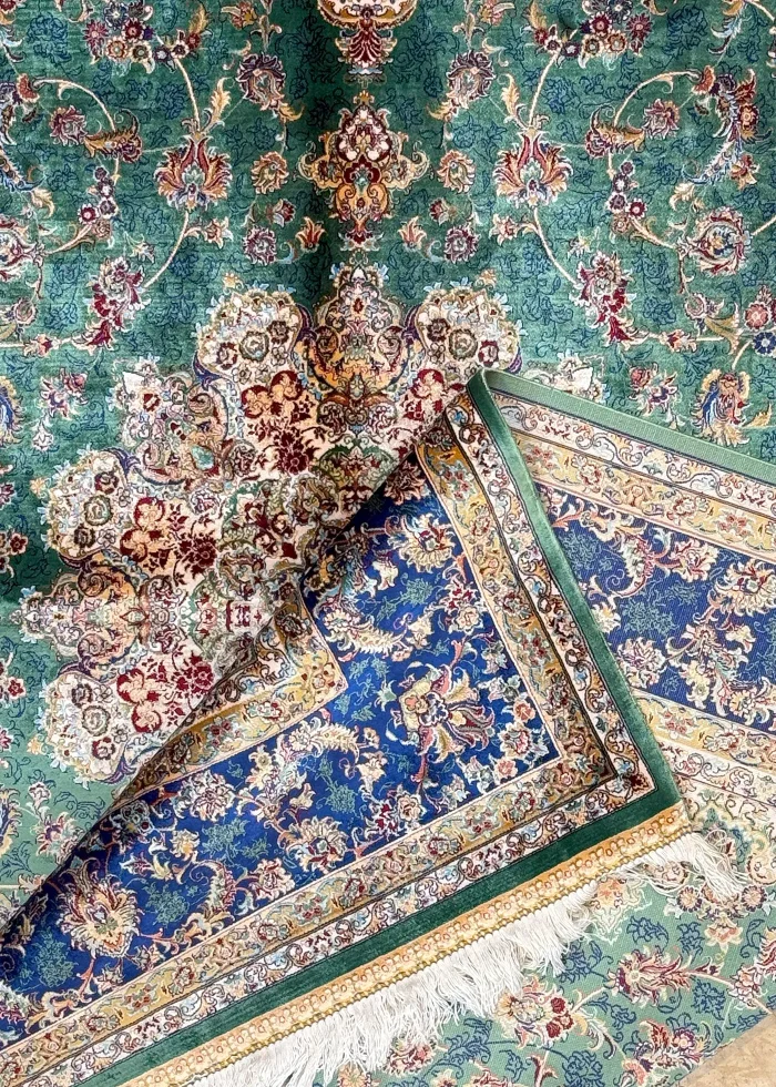 Green and Navy Blue Persian Rug Shah Abbasi Pattern 5 x 8 - Image 3