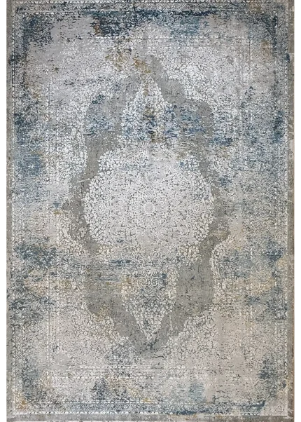Gray and Blue Persian Rug Ziba Pattern 7 x 9