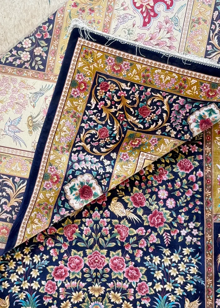 Blue and Pink Persian Rug Bird Garden Pattern 7 x 9 - Image 5