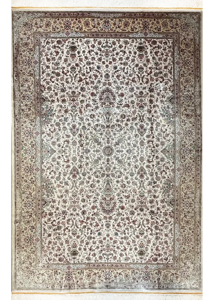 Beige and Green Persian Rug Shah Abbasi Pattern 7 x 9