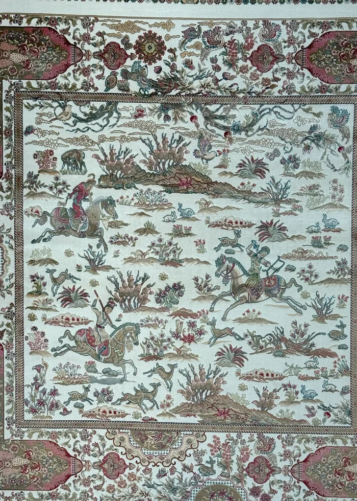Beige and Brown Persian Rug Hunting Pattern 5 x 5 - Image 2