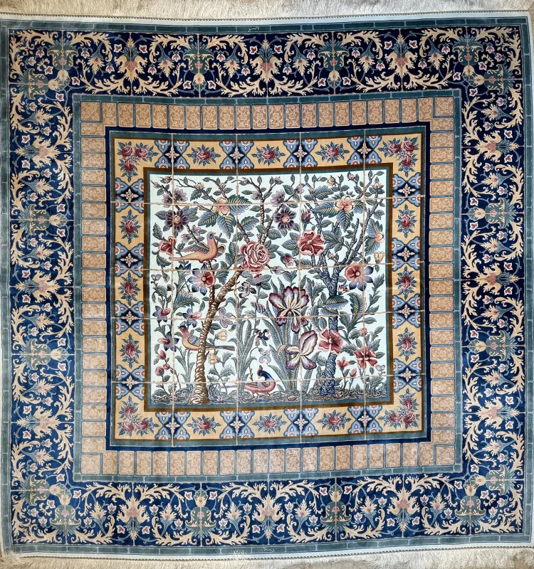 Blue and Beige Persian Rug Bird Garden Pattern 7 x 7