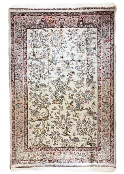 Beige and Pink Persian Rug Hunting Pattern 7 x 9