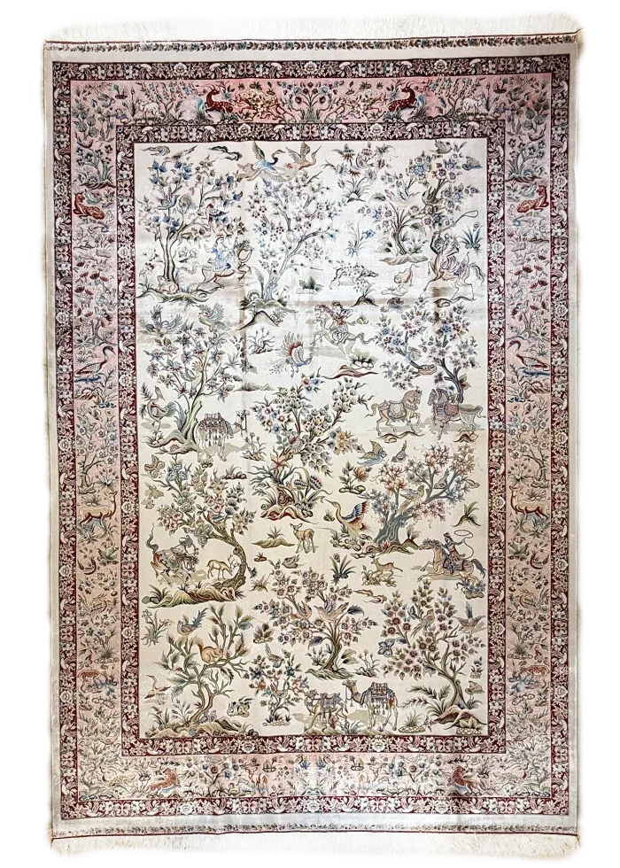 Beige and Pink Persian Rug Hunting Pattern 7 x 9