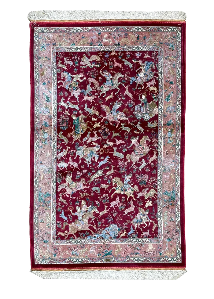 Pink and Red Persian Rug Hunting Pattern 3 x 5