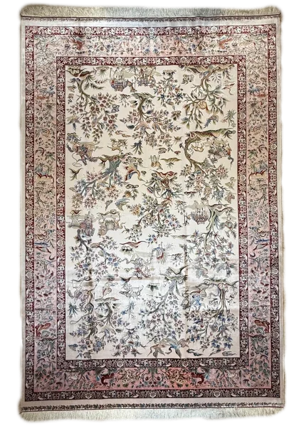 Beige and Pink Persian Rug Hunting Pattern 7 x 9