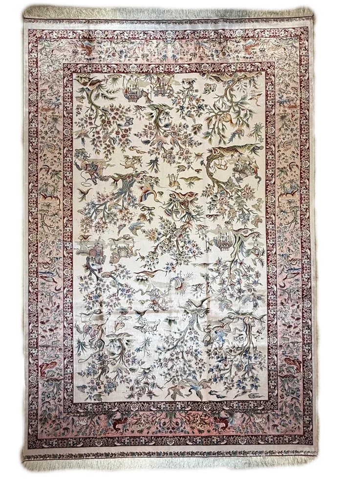 Beige and Pink Persian Rug Hunting Pattern 7 x 9