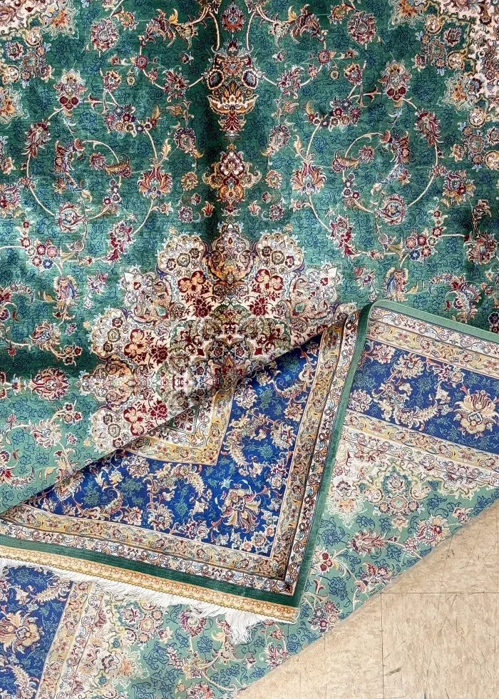 Green and Navy Blue Persian Rug Shah Abbasi Pattern 5 x 8 - Image 4