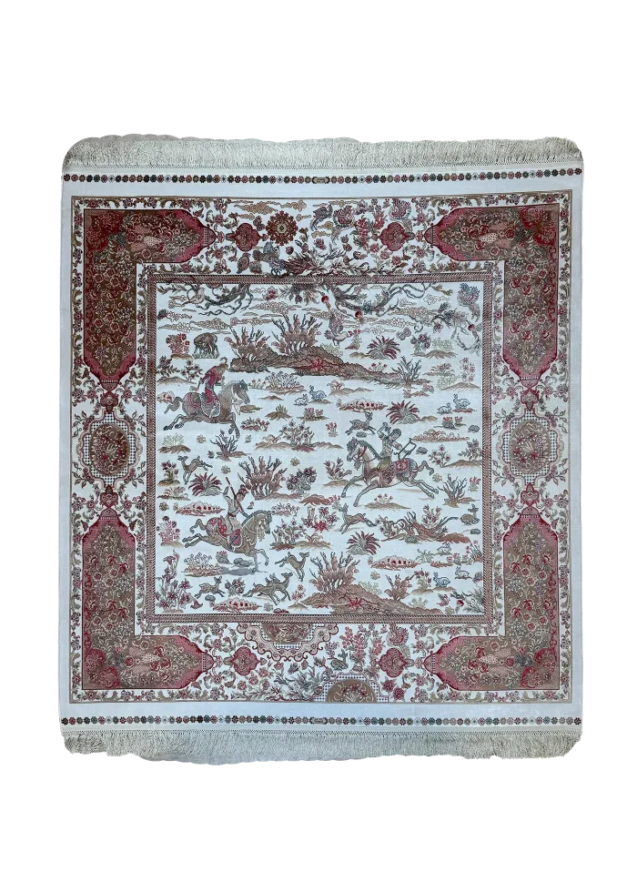 Beige and Brown Persian Rug Hunting Pattern 5 x 5