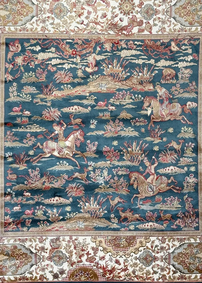 Blue and Beige Persian Rug Hunting Pattern 5 x 5 - Image 2