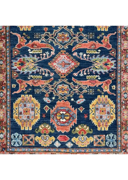 Navy Blue and Orange Wool Persian Rug Qashqai Pattern 4 x 6