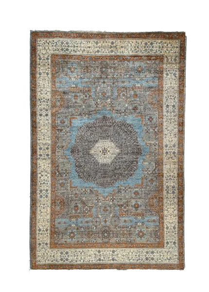 Beige and Blue Wool Persian Rug Tabriz Pattern 3 x 5