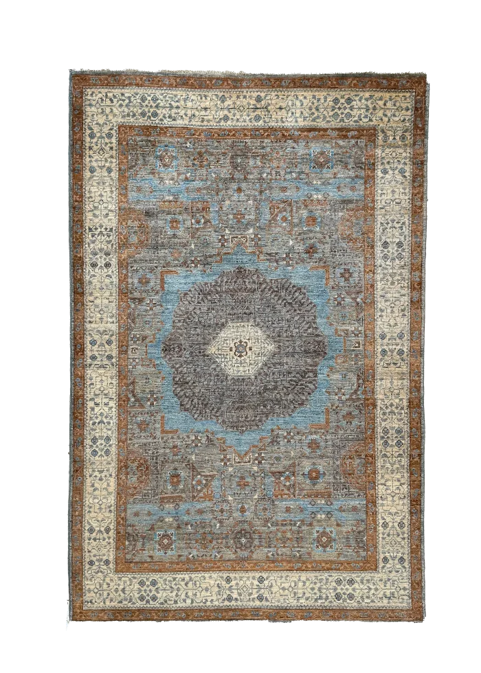 Beige and Blue Wool Persian Rug Tabriz Pattern 3 x 5