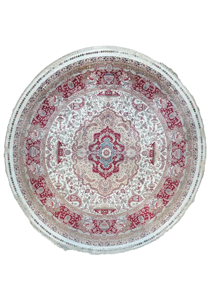Beige and Red Round Persian Rug Faraz Pattern 5 x 5