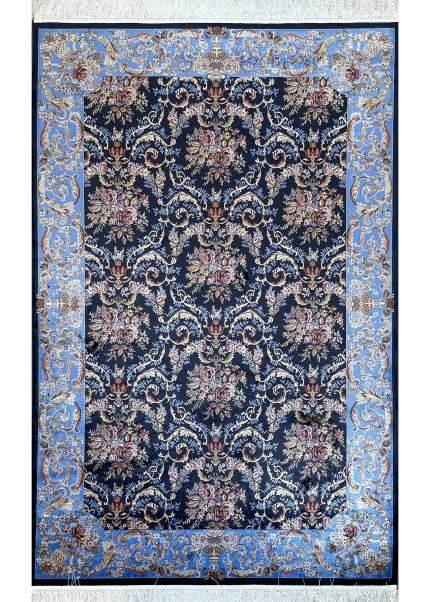 Navy Blue and Blue Persian Rug Rose Pattern 8 x 10