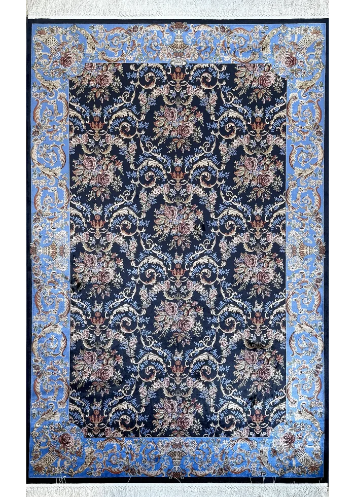 Navy Blue and Blue Persian Rug Rose Pattern 8 x 10