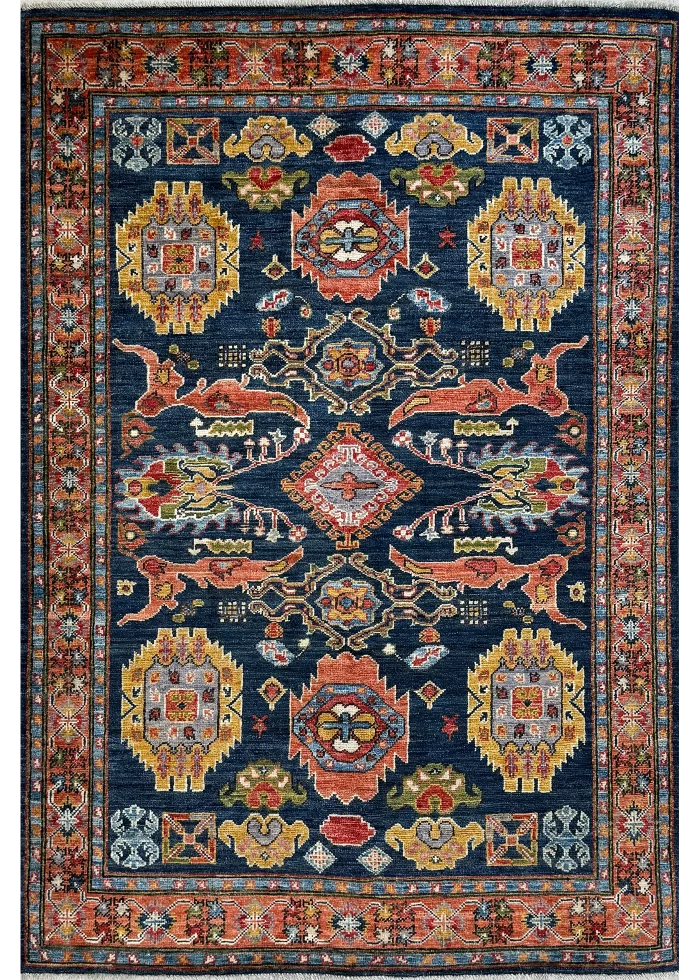 Navy Blue and Orange Wool Persian Rug Qashqai Pattern 4 x 6 - Image 2