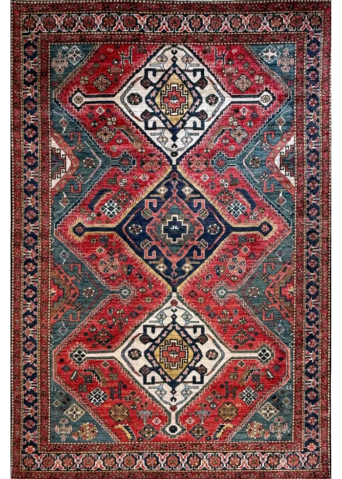 Red and Navy Blue Wool Persian Rug Qashqai Pattern 8 x 10 - Image 7