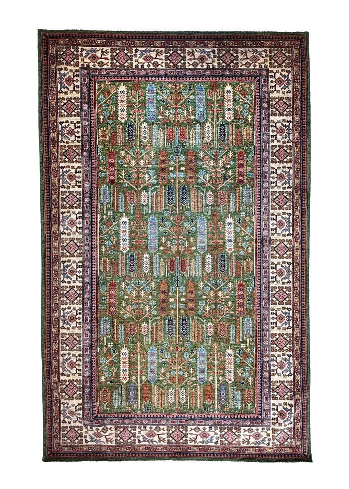 Green and Brown Wool Persian Rug Kashan Pattern 7 x 9