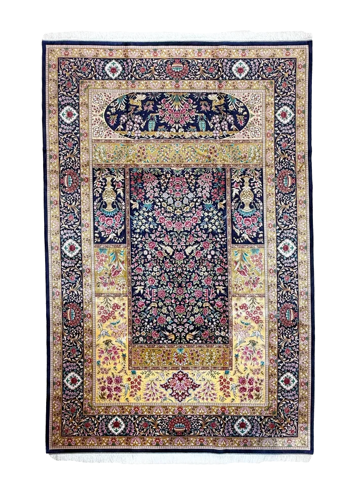 Blue and Pink Persian Rug Bird Garden Pattern 7 x 9