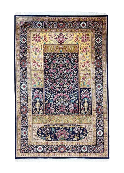 Blue and Pink Persian Rug Bird Garden Pattern 7 x 9