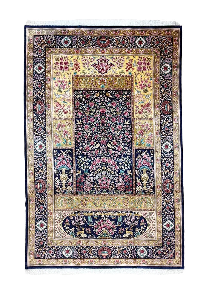 Blue and Pink Persian Rug Bird Garden Pattern 7 x 9