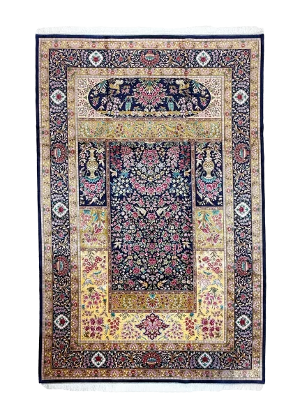 Blue and Pink Persian Rug Bird Garden Pattern 7 x 9