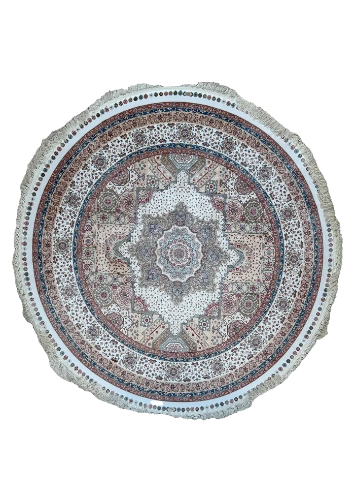 Beige and White Round Persian Rug Faraz Pattern 5 x 5