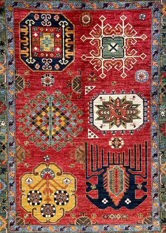 Orange and Green Wool Persian Rug Qashqai Pattern 4 x 6