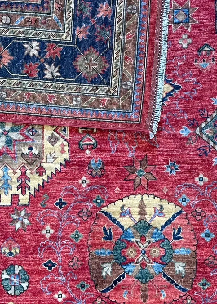 Red and Navy Blue Wool Persian Rug Qashqai Pattern 8 x 10 - Image 10
