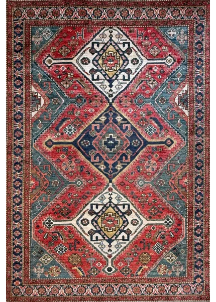 Red and Blue Wool Persian Rug Qashqai Pattern 5 x 8