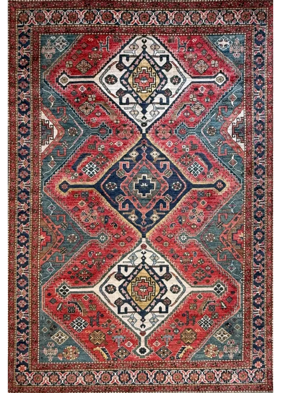 Red and Blue Wool Persian Rug Qashqai Pattern 5 x 8